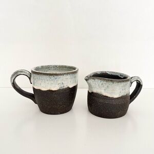 Handmade Studio Pottery Coffee Mug & Creamer Blue Brown Glazed Heavy Rustic